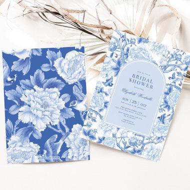 Blue Bird Peony Chinoiserie Garden Bridal Shower Invitations