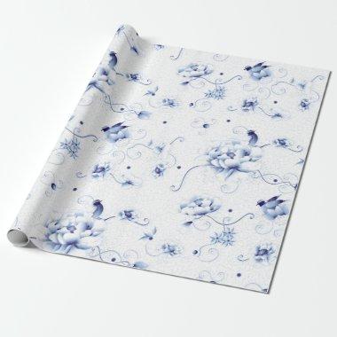 Blue Bird Rose Chinoiserie Floral Wrapping Paper