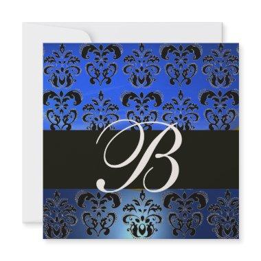 BLUE BLACK DAMASK MONOGRAM , Bright Gold White Invitations