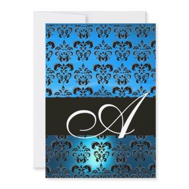 BLUE BLACK DAMASK MONOGRAM ,bright white Invitations