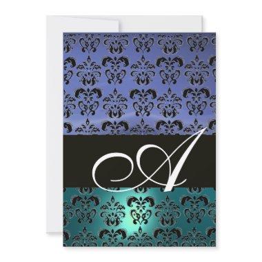 BLUE BLACK DAMASK MONOGRAM ,bright white