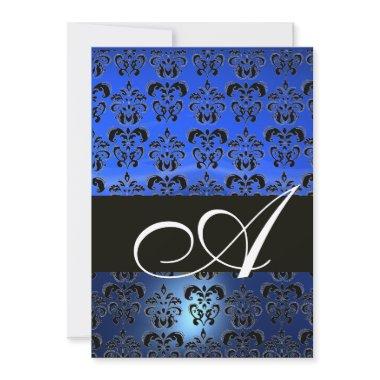 BLUE BLACK DAMASK MONOGRAM ,bright white Invitations