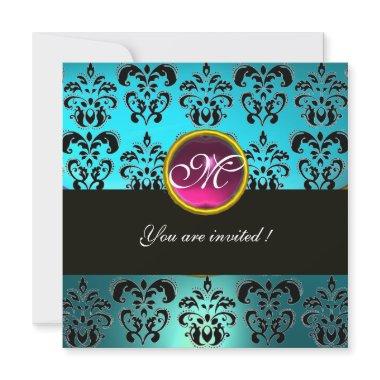 BLUE BLACK DAMASK MONOGRAM,pink amethyst turquase Invitations