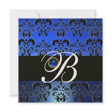 BLUE BLACK DAMASK MONOGRAM SAPPHIRE GOLD METALLIC Invitations