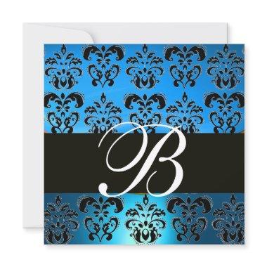 BLUE BLACK DAMASK MONOGRAM , white Invitations