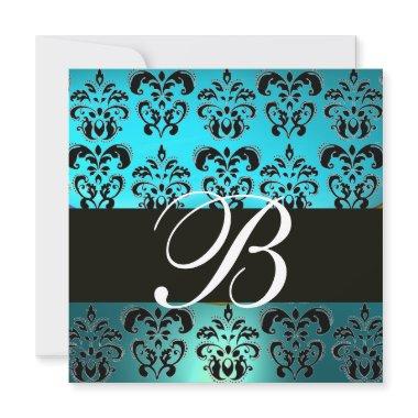 BLUE BLACK DAMASK MONOGRAM , white turquase Invitations