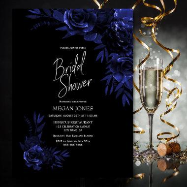Blue Black Floral Bridal Shower Invitations