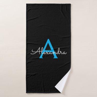 Blue Black Girly Script Monogram Name Bath Towel