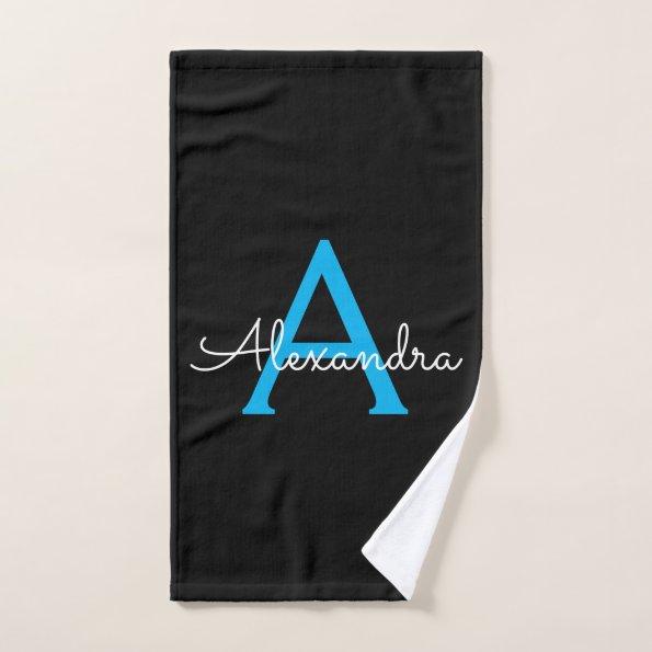 Blue Black Girly Script Monogram Name Hand Towel