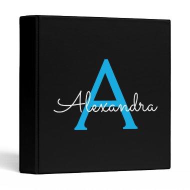 Blue Black Girly Script Monogram Name Modern 3 Ring Binder