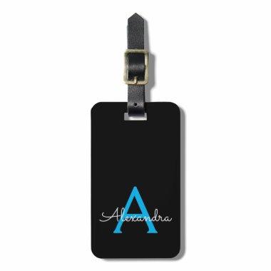 Blue Black Girly Script Monogram Name Modern Luggage Tag