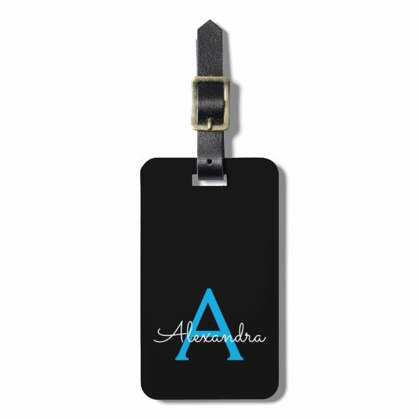 Blue Black Girly Script Monogram Name Modern Luggage Tag