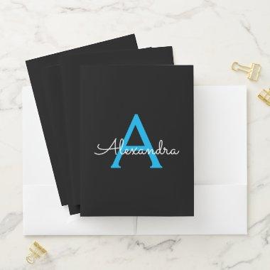 Blue Black Girly Script Monogram Name Modern Pocket Folder