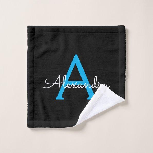 Blue Black Girly Script Monogram Name Wash Cloth