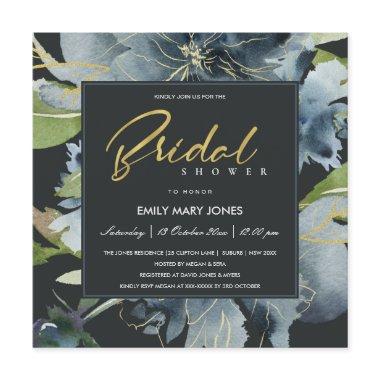 BLUE BLACK GOLD FLORAL WATERCOLOR BRIDAL SHOWER Invitations