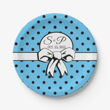 Blue Black Polka Dots White Bow Personalized Paper Plates