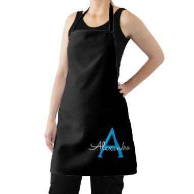 Blue Black Script Girly Monogram Name Apron