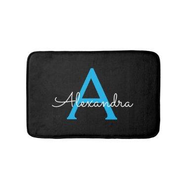 Blue Black Script Girly Monogram Name Bath Mat