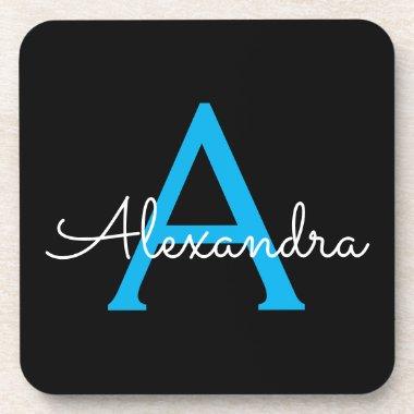 Blue Black Script Girly Monogram Name Beverage Coaster