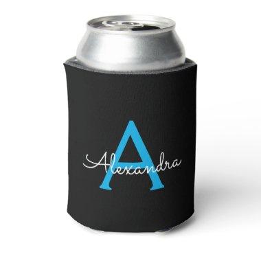 Blue Black Script Girly Monogram Name Can Cooler
