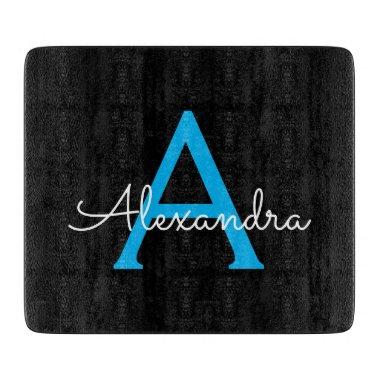Blue Black Script Girly Monogram Name Cutting Board
