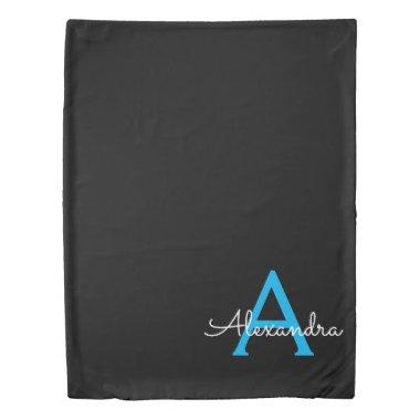 Blue Black Script Girly Monogram Name Duvet Cover