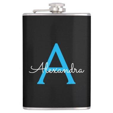 Blue Black Script Girly Monogram Name Flask