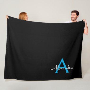 Blue Black Script Girly Monogram Name Fleece Blanket