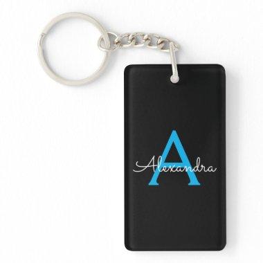 Blue Black Script Girly Monogram Name Keychain