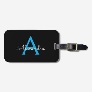 Blue Black Script Girly Monogram Name Luggage Tag