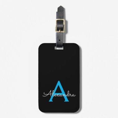 Blue Black Script Girly Monogram Name Luggage Tag