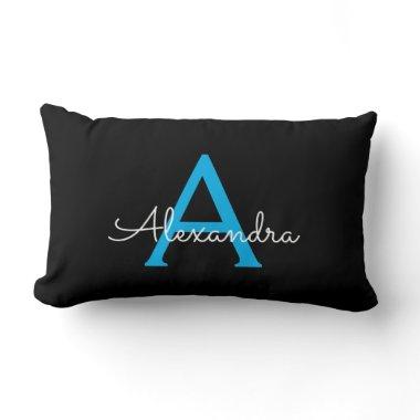 Blue Black Script Girly Monogram Name Lumbar Pillow