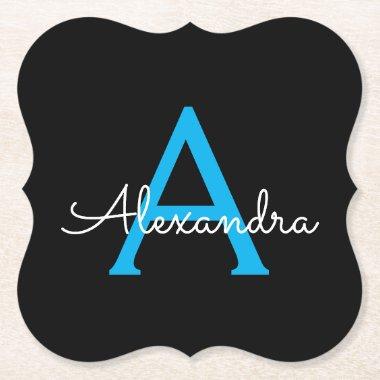 Blue Black Script Girly Monogram Name Paper Coaster