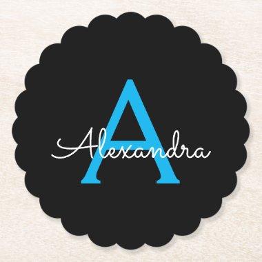 Blue Black Script Girly Monogram Name Paper Coaster