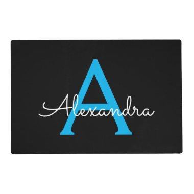 Blue Black Script Girly Monogram Name Placemat