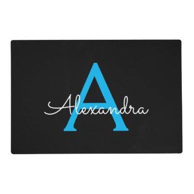 Blue Black Script Girly Monogram Name Placemat