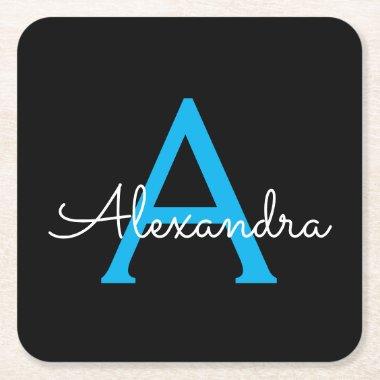 Blue Black Script Girly Monogram Name Square Paper Coaster