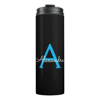 Blue Black Script Girly Monogram Name Thermal Tumbler