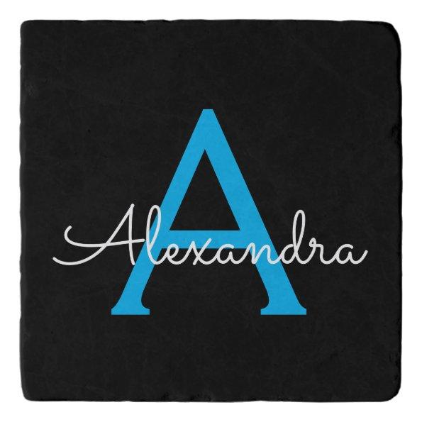 Blue Black Script Girly Monogram Name Trivet