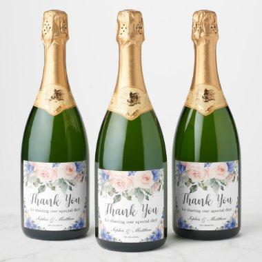 Blue Blush Floral Wedding Bridal Favor Thank You Sparkling Wine Label