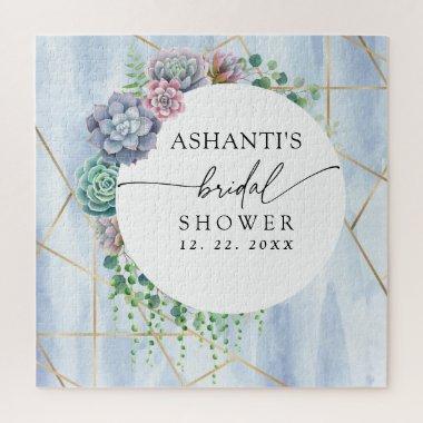 Blue Blush Succulent Bridal Shower Jigsaw Puzzle