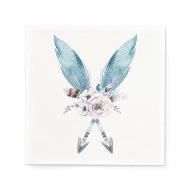 Blue Boho Bohemian Arrows Feather Floral Party Paper Napkins