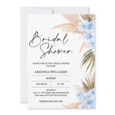 Blue Boho Pampas Grass Bridal Shower Invitations