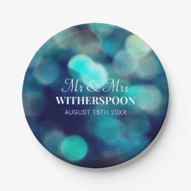 Blue bokeh light effect paper wedding party plates