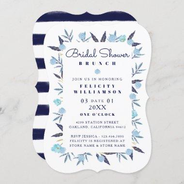 Blue Botanical Navy Stripe Bridal Shower Invitations