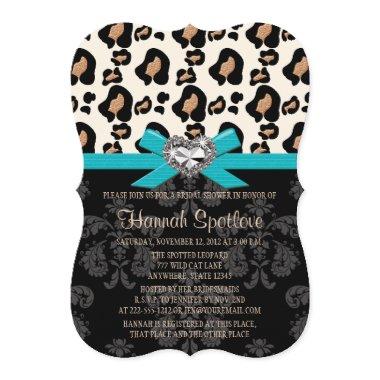 Blue Bow Leopard Print Faux Bling Bridal Shower Invitations