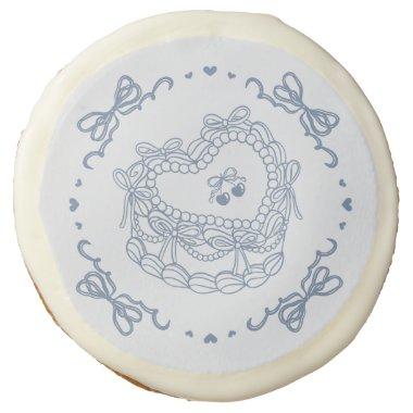 Blue Bow Retro Heart Coquette Cake Bachelorette Sugar Cookie