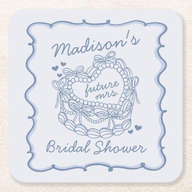 Blue Bow Retro Heart Coquette Cake  Square Paper Coaster