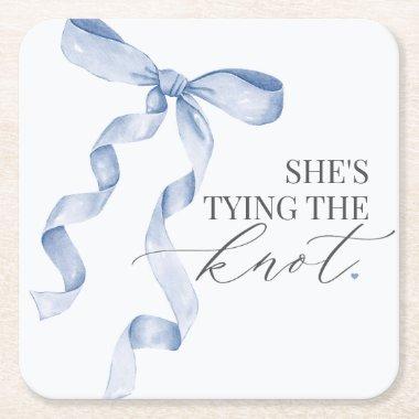 Blue Bow Tying the Knot  Decor Square Paper Coaster