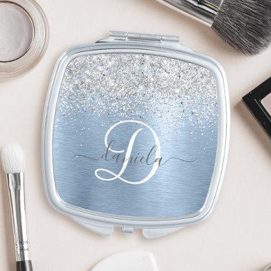 Blue Brushed Metal Silver Glitter Monogram Name Compact Mirror